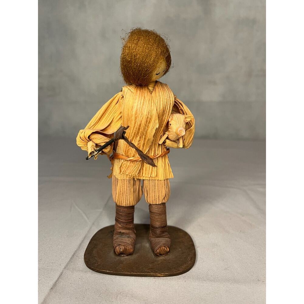Vintage Folk Art Corn Husk Farmer Doll Man carrying pig wood base